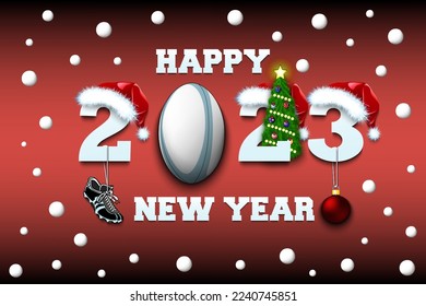 Happy new year. 2023 with rugby ball. Numbers in Christmas hats with rugby boot and Christmas tree ball. Original template design for greeting card. Vector illustration on isolated background