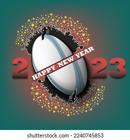 Happy new year 2023. Rugby ball with rugby player and fans. Creative design pattern for greeting card, banner, poster, flyer, party invitation. Vector illustration
