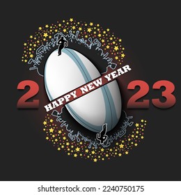 Happy new year 2023. Rugby ball with rugby player and fans. Creative design pattern for greeting card, banner, poster, flyer, party invitation. Vector illustration