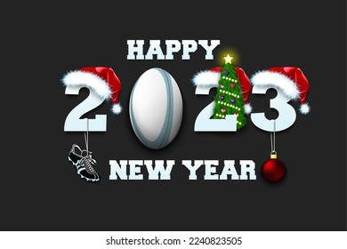 Happy new year. 2023 with rugby ball. Numbers in Christmas hats with rugby boot and Christmas tree ball. Original template design for greeting card. Vector illustration on isolated background