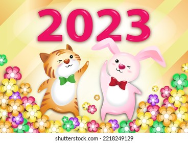 Happy new year 2023. Say goodbye tiger. Year of the zodiac rabbit. Cartoon.