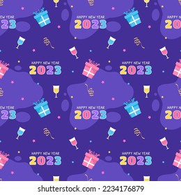 Happy New Year 2023 Seamless Pattern Design with Decoration in Template Hand Drawn Cartoon Flat Illustration