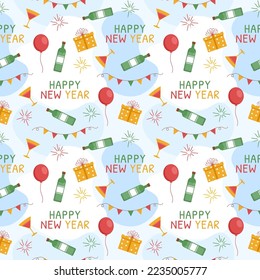 Happy New Year 2023 Seamless Pattern Design with Decoration in Template Hand Drawn Cartoon Flat Illustration