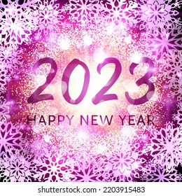 Happy New Year 2023. Seasons greetings card. Snowflakes light garlands flash glittering confetti firework. New Year banner design. Colorful winter purple glowing background. Bright vector illustration