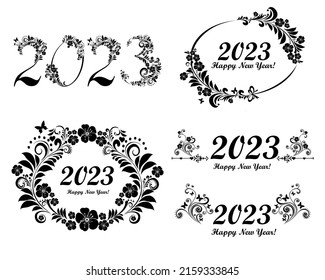 ¡Feliz año nuevo 2023! Conjunto de marcos Vintage de Navidad y Año Nuevo. Fondo de celebración con copo de nieve y lugar para tu texto. Elementos de diseño de la colección grande aislados en fondo blanco. Vector