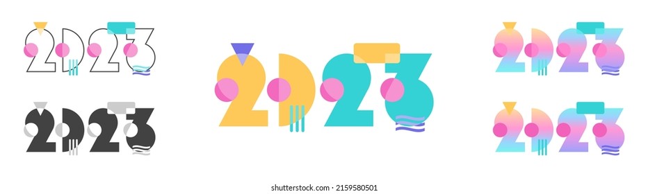 Happy New Year 2023 set of simple geometric shapes and numbers, flat gradient and linear collection, colorful, black and white colors. Vector illustration greeting invitation card design element