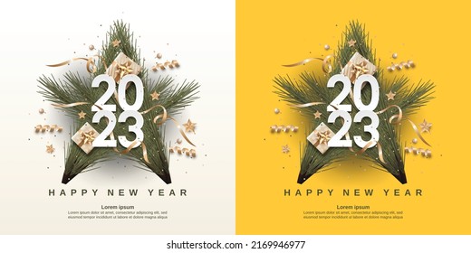 Happy New Year 2023. Set of celebrate party 2023 on white and yellow background. Festive realistic decoration new year and Christmas background