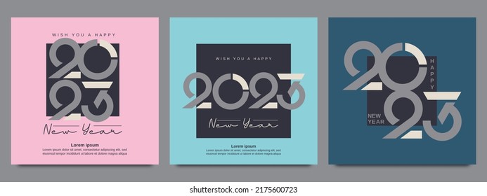 Happy new year 2023. Set of 2023 new year square template for calendar, cover, card and media post. 2023 typography logo