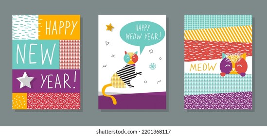 Feliz Año Nuevo 2023. Juego de cartas con gatos. Resumen de la ilustración moderna. Carácter gráfico. Ilustración del vector
