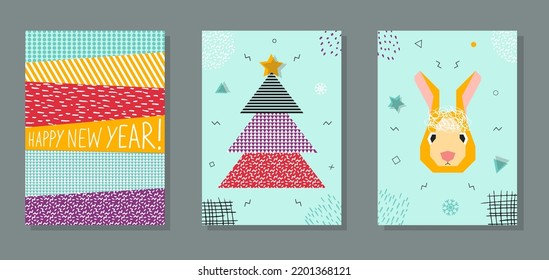 Happy New Year 2023. Set of  cards with the symbol of the Chinese New Year. Abstract modern illustration with rabbits. Graphic character. Vector illustration