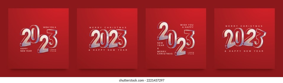 Happy new year 2023. Set of 2023 new year with 3D number on red background. New year and Christmas 2023 background template for greeting card, banner and post media