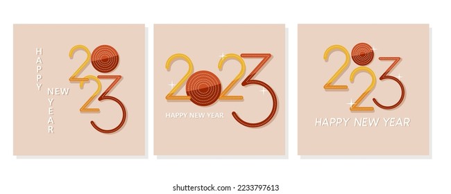 Happy New year 2023. Set of square banner template. Calendar cover vector concept in red and yellow colors.
