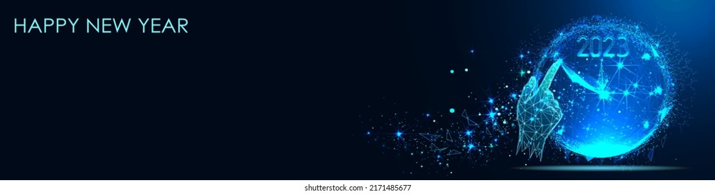 Happy New Year 2023. New Year Shining background with clock and glitter. Triangles and particle style design. Polygon vector wireframe concept. Headline