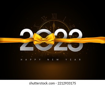 Happy New Year 2023 - New Year Shining background with gold clock and glitter.
