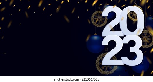 Happy New Year 2023. Silvery numbers, snowflakes and blue glass balls on a dark blue background. Holiday card design with golden confetti, banner