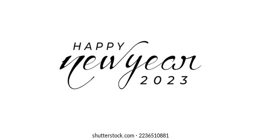 Happy New Year 2023 simple Logo  Abstract Hand drawn creative calligraphy vector logo design  2023 New year black   white logo