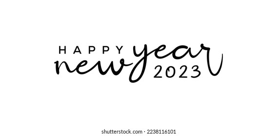 Happy New Year 2023 simple Logo. Abstract Hand-drawn creative modern calligraphy vector logo design. 2023 New year black and white logo