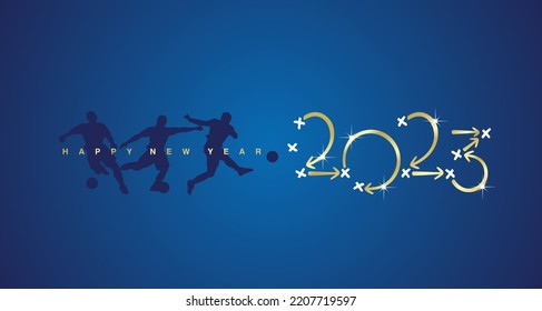 Happy New Year 2023 Soccer strategy plan golden arrows blue board background