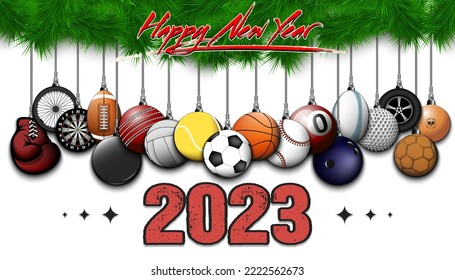 Happy New Year 2023. Soccer, football, basketball, tennis, baseball, volleyball, golf, bowling, billiard, cricket, rugby balls hanging on a Christmas tree branch. Vector illustration