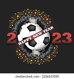 Happy new year 2023 and soccer ball with football player and fans. Creative design pattern for greeting card, banner, poster, flyer, party invitation. Vector illustration