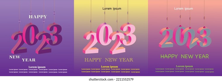 Happy new year 2023 square template with 3D hanging number. Greeting concept for 2023 new year celebration