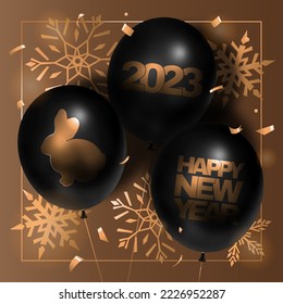 Happy New Year 2023 square card with balloons, and snowflakes in gold and black colors. Vector 3d illustration.