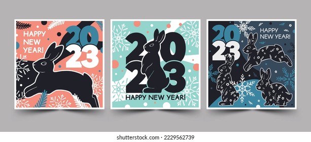 Happy New Year 2023 square greeting card set with rabbit. Modern vector illustration in trendy colors.