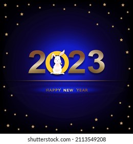 Happy New Year 2023 with stars on dark blue Background Template. Holiday Vector Illustration of Cute rabbit on golden Numbers 2023. Background Festive Poster or Banner Design.Modern Holiday Background