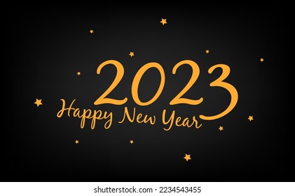 Happy new year 2023 with stars around golden on a black background.