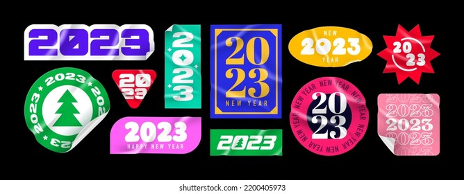 Happy New Year 2023 stickers. Sticker pack. Paper Stickers. Vector isolated on black background