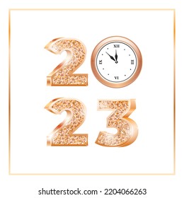 Happy New Year 2023 template. Gold sparkling 3D numbers and a clock on a white background. Vector 10 EPS.