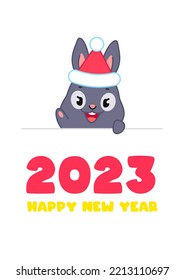 Happy New Year 2023 template with cute bunny. Illustration of a little black rabbit dressed Santa hat holding a banner with greeting text. Vector 10 EPS.
