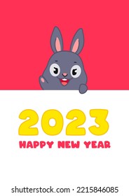 
Happy New Year 2023 template with cute bunny. Illustration of a little black rabbit holding a banner with greeting text. Vector 10 EPS.
