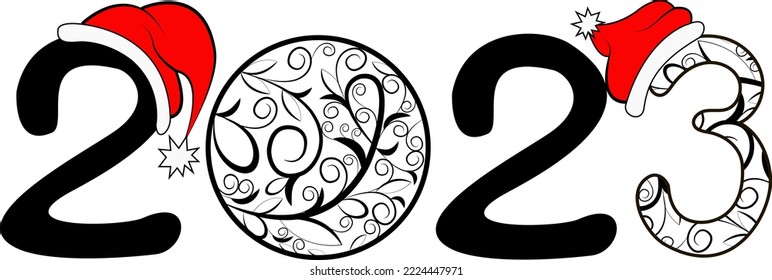 Happy new year 2023 template. The numbers are drawn with monograms, on the numbers- two are wearing Santa Claus hats. Design for banner, greeting card, brochure or print.
