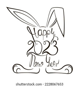 Happy New Year 2023 template in a continuous line style. Lettering. Next to it are the ears and paws of a bunny. Design for banner, greeting card, brochure or print. Animal. Symbol 2023. Vector  