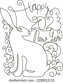 Happy New Year 2023 template in a continuous line style. Lettering along with bunny pattern with monograms. Design for banner, greeting card, brochure or print. Vector illustration