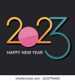 Feliz Año Nuevo 2023. Números coloridos en un fondo oscuro. Concepto vectorial de portada de calendario.