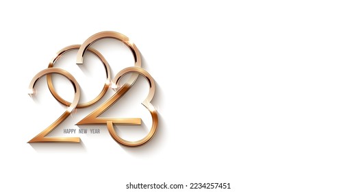 Happy new year 2023 template. Gold numbers shining in light celebration horizontal flyer. Greeting festive card vector illustration. Merry holiday modern poster or wallpaper design on white.