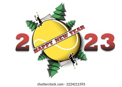 Happy new year. 2023 with tennis ball, Christmas trees and tennis player. Original template design for greeting card, banner, poster. Vector illustration on isolated background