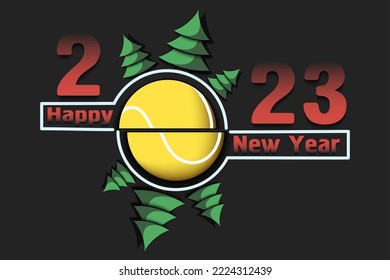 Happy new year. 2023 with tennis ball and Christmas trees. Original template design for greeting card, banner, poster. Vector illustration on isolated background