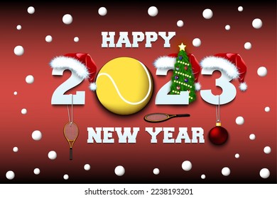 Happy new year. 2023 with tennis ball. Numbers in Christmas hats with tennis racket and Christmas tree ball. Original template design for greeting card. Vector illustration on isolated background