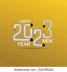Happy New Year 2023 Text Design, pencil, typography, alphabet letters and numbers vector illustration