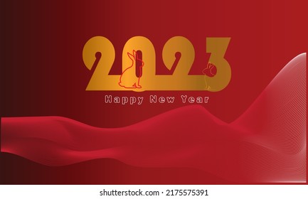 Happy New Year 2023 text design. year of rabbit. rabbit design background . red and gold Vector illustration. wave background . rabbit . happy new year