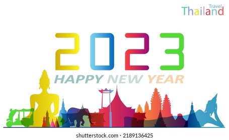 Happy New Year 2023 text design.Gradient Landmark Travel Thailand.banner. Vector. illustration. 
