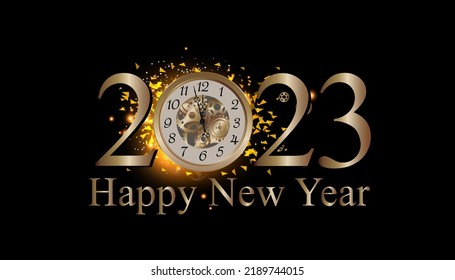 Happy new year 2023 text -  illustration Vector clock gold  glitter  elegant luxury gold  midnight with cog