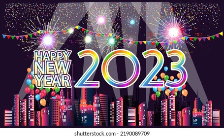Feliz año nuevo 2023 texto con Edificio en la ciudad, fuegos artificiales coloridos, globo,
Banderas coloridas - ilustración del vector de fondo.