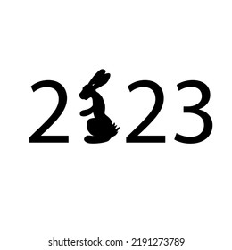 Happy New Year 2023 text design. Black rabbit silhouette symbol of 2023. Brochure design template, postcard, banner. Vector illustration. Isolated on white background.