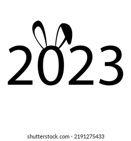 Happy New Year 2023 text design of the rabbit. Rabbit ears symbol of 2023. Brochure design template, postcard, banner. Vector illustration. Isolated on white background