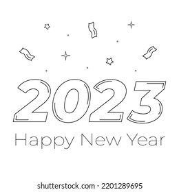 Alles Gute zum Neujahr 2023! Line Vektorgrafik für eine Grußkarte auf weißem Hintergrund.