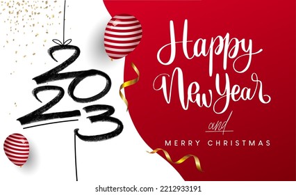 Alles Gute zum Neujahr 2023! Vektorgrafik mit handgeschriebenen Buchstaben Neujahr und frohe Weihnachten